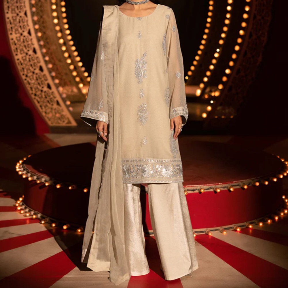 Elegant Pakistani Beige Embroidered stitched 3pc Suit by Asim Jofa